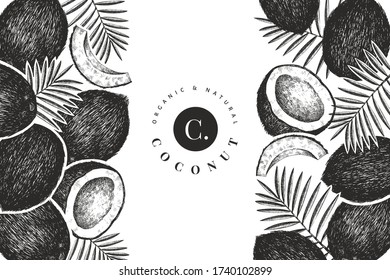 Coconut with palm leaves design template. Hand drawn vector food illustration. Engraved style exotic plant. Retro botanical tropical background.