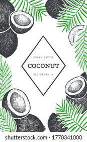 Coconut with palm leaves design template. Hand drawn vector food illustration. Engraved style exotic plant. Retro botanical tropical background.