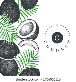 Modelo de diseño de coco con hojas de palma. Ilustración de alimentos vectoriales dibujada a mano. Planta exótica de estilo grabado. Fondo tropical botánico retro.