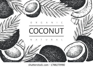 Coconut with palm leaves design template. Hand drawn vector food illustration. Engraved style exotic plant. Retro botanical tropical background.
