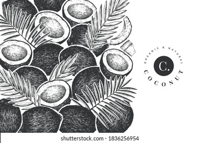 Coconut with palm leaves design template. Hand drawn vector food illustration. Engraved style exotic plant. Retro botanical tropical background.