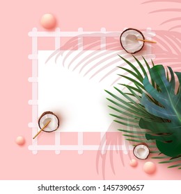 Coconut and palm leaves green branches. Minimal background with realistic 3d objects. Backdrop summer tropical composition. White Space for text. Flat top view. Vector illustration.