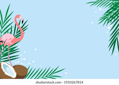 Coconut, palm leaves and pink flamingo on rectangular frame. Copy space for design. Flat style. Vector illustration.