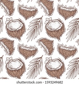 Coconut and palm leaves seamless pattern. Vector drawing. Tropical fruit engraved style background. Detailed hand drawn vegetarian food