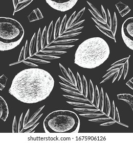 Coconut with palm leaves seamless pattern. Hand drawn vector food illustration on chalk board. Engraved style exotic plant. Vintage botanical tropical background.