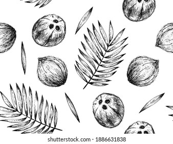 Coconut and palm leaves seamless pattern in graphic style