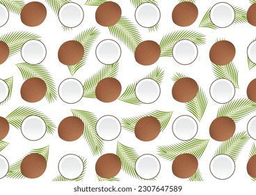 Coconut with Palm Leaves Seamless Pattern Background. Vector Illustration.