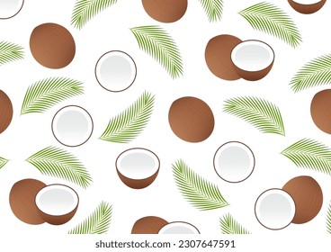 Coconut with Palm Leaves Seamless Pattern Background. Vector Illustration.