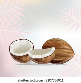 Coconut and palm leaves Vector realistic. Fresh sliced coconut fruit shells. Product placement