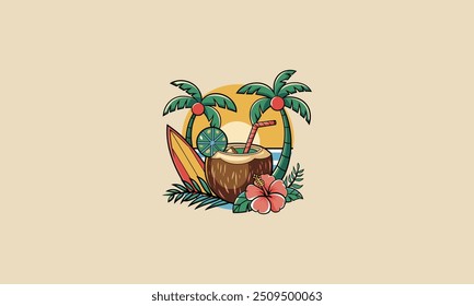 coco e palma na praia vetor ilustração design plano