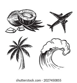 Coconut palm plane wave hand drawn illustrations Premium Vector