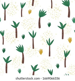 Coconut palm seamless pattern in doodle style. Hand drawn rainforest tree wallpaper. Cute exotic hawaiian background. Design for fabric, textile print, wrapping paper. Vector illustration