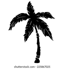 Coconut palm tree black silhouette isolated on a white background hand drawn illustration. Icon, sign. Art logo design 