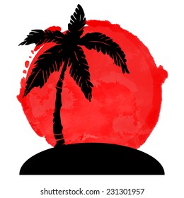 Coconut palm tree black silhouette and watercolor circle paint stain. Island, sun isolated on a white background. Logo art design