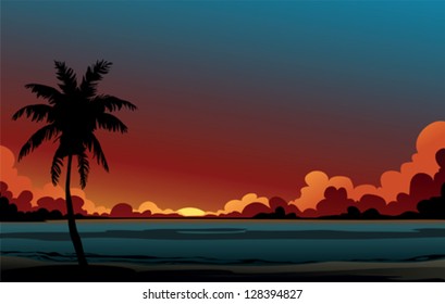 Coconut palm tree and the blue sea