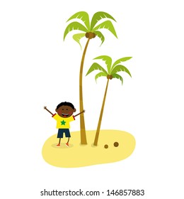 coconut palm tree and cute kid vacation on an island , isolated white 