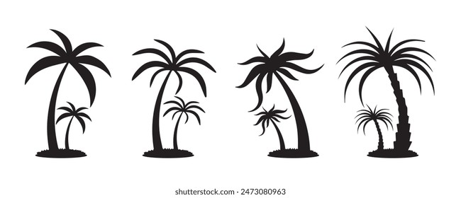 Coconut palm tree icons, simple style palm tree silhouette.