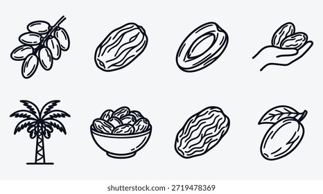 Ilustraciones de coco y palmera en estilo de arte en línea para diseños de alimentos y naturaleza
