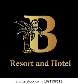 coco, palmera y letra inicial B para el concepto de hotel, complejo turístico, apartamento e inmueble lujo moderno logo