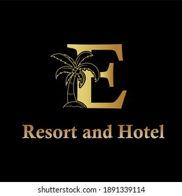 coconut, palm tree and initial letter E for hotel, resort, apartment, and real estate luxury modern logo concept