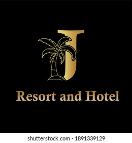 coco, palmera y letra inicial J para el concepto de hotel, complejo turístico, apartamento e inmueble lujo moderno logo