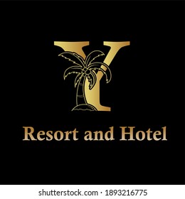 Kokosnuss, Palme und Anfangsbuchstabe Y für Hotel, Resort, Ferienwohnung und Immobilien Luxuslogo	