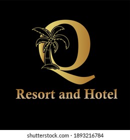 coconut, palm tree and initial letter Q for hotel, resort, apartment, and real estate luxury modern logo concept	