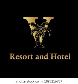 coconut, palm tree and initial letter V for hotel, resort, apartment, and real estate luxury modern logo concept	