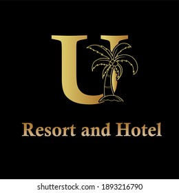 coco, palmera y letra inicial U para el concepto de hotel, complejo turístico, apartamento e inmueble lujo moderno logo	