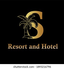 coconut, palm tree and initial letter S for hotel, resort, apartment, and real estate luxury modern logo concept	