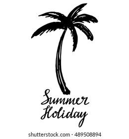 Coconut palm tree. Logo, icon, hand drawn. Summer holiday handwritten, calligraphy text, lettering. Isolated on white background. Vector design