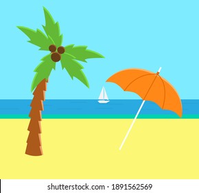 Palmera de coco en una orilla de arena con un paraguas. Palmera doblada con hojas verdes grandes en el estilo de dibujos animados de la playa. Plantas tropicales exóticas en países más cálidos, vegetación de islas tropicales
