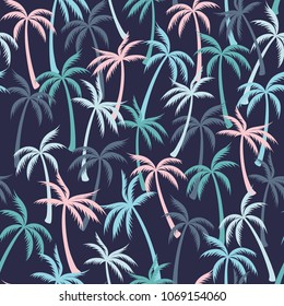 Coconut palm tree pattern textile seamless tropical forest background. Exotic vector swatch repeating pattern. Cute tropical plants, coconut trees, beach palms textile background design.