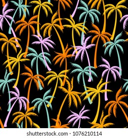 Coconut palm tree pattern textile seamless tropical forest background. Cool vector wallpaper repeating pattern. Minimalist tropical plants, coconut trees, beach palms textile background design.