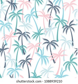 Coconut palm tree pattern textile seamless tropical forest background. Trendy vector wallpaper repeating pattern. Awesome tropical plants, coconut trees, beach palms textile background design.