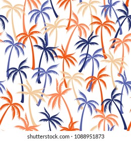 Coconut palm tree pattern textile seamless tropical forest background. Paradise vector wallpaper repeating pattern. Minimal tropical plants, coconut trees, beach palms textile background design.