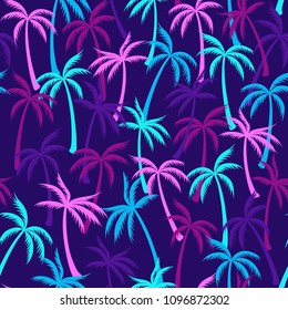 Coconut palm tree pattern textile seamless tropical forest background. Rainforest vector swatch repeating pattern. Marvelous tropical plants, coconut trees, beach palms textile background design.