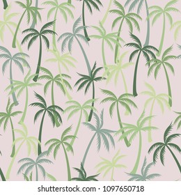 Coconut palm tree pattern textile seamless tropical forest background. Holiday vector wallpaper repeating pattern. Minimal tropical plants, coconut trees, beach palms textile background design.