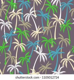 Coconut palm tree pattern textile seamless tropical forest background. Flat vector wallpaper repeating pattern. Cute tropical plants, coconut trees, beach palms textile background design.