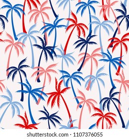 Coconut palm tree pattern textile seamless tropical forest background. Summer vector fabric repeating pattern. Simple tropical plants, coconut trees, beach palms textile background design.