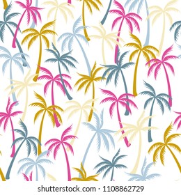 Coconut palm tree pattern textile seamless tropical forest background. Natural vector swatch repeating pattern. Minimal tropical plants, coconut trees, beach palms textile background design.
