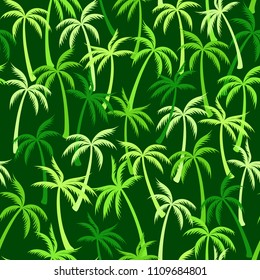 Coconut palm tree pattern textile seamless tropical forest background. Trendy vector wallpaper repeating pattern. Cute tropical plants, coconut trees, beach palms textile background design.