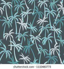 Coconut palm tree pattern textile seamless tropical forest background. Paradise vector wallpaper repeating pattern. Cute tropical plants, coconut trees, beach palms textile background design.