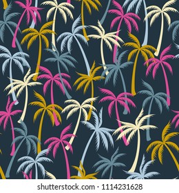 Coconut palm tree pattern textile seamless tropical forest background. Greenery vector fabric repeating pattern. Simple tropical plants, coconut trees, beach palms textile background design.