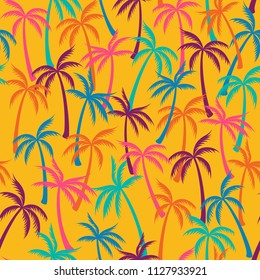 Coconut palm tree pattern textile seamless tropical forest background. Bohemian vector wallpaper repeating pattern. Marvelous tropical plants, coconut trees, beach palms textile background design.