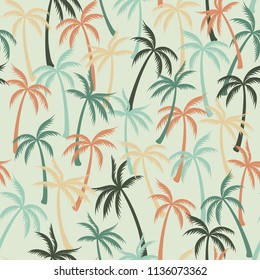 Coconut palm tree pattern textile seamless tropical forest background. Rainforest vector swatch repeating pattern. Awesome tropical plants, coconut trees, beach palms textile background design.