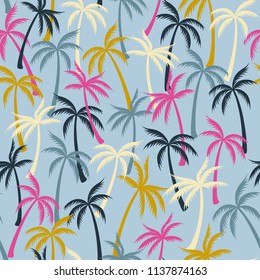 Coconut palm tree pattern textile seamless tropical forest background. Holiday vector wallpaper repeating pattern. Minimalist tropical plants, coconut trees, beach palms textile background design.