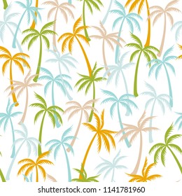 Coconut palm tree pattern textile seamless tropical forest background. Summer vector swatch repeating pattern. Minimalist tropical plants, coconut trees, beach palms textile background design.