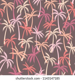 Coconut palm tree pattern textile seamless tropical forest background. Summer vector fabric repeating pattern. Awesome tropical plants, coconut trees, beach palms textile background design.