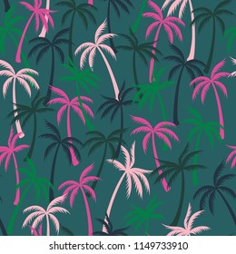 Coconut palm tree pattern textile seamless tropical forest background. Bohemian vector fabric repeating pattern. Cute tropical plants, coconut trees, beach palms textile background design.